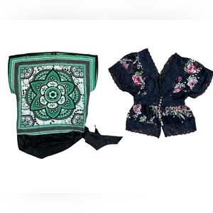 Vintage 90’s style sheer blouses floral & lace scarf retro fun navy green S Y2K